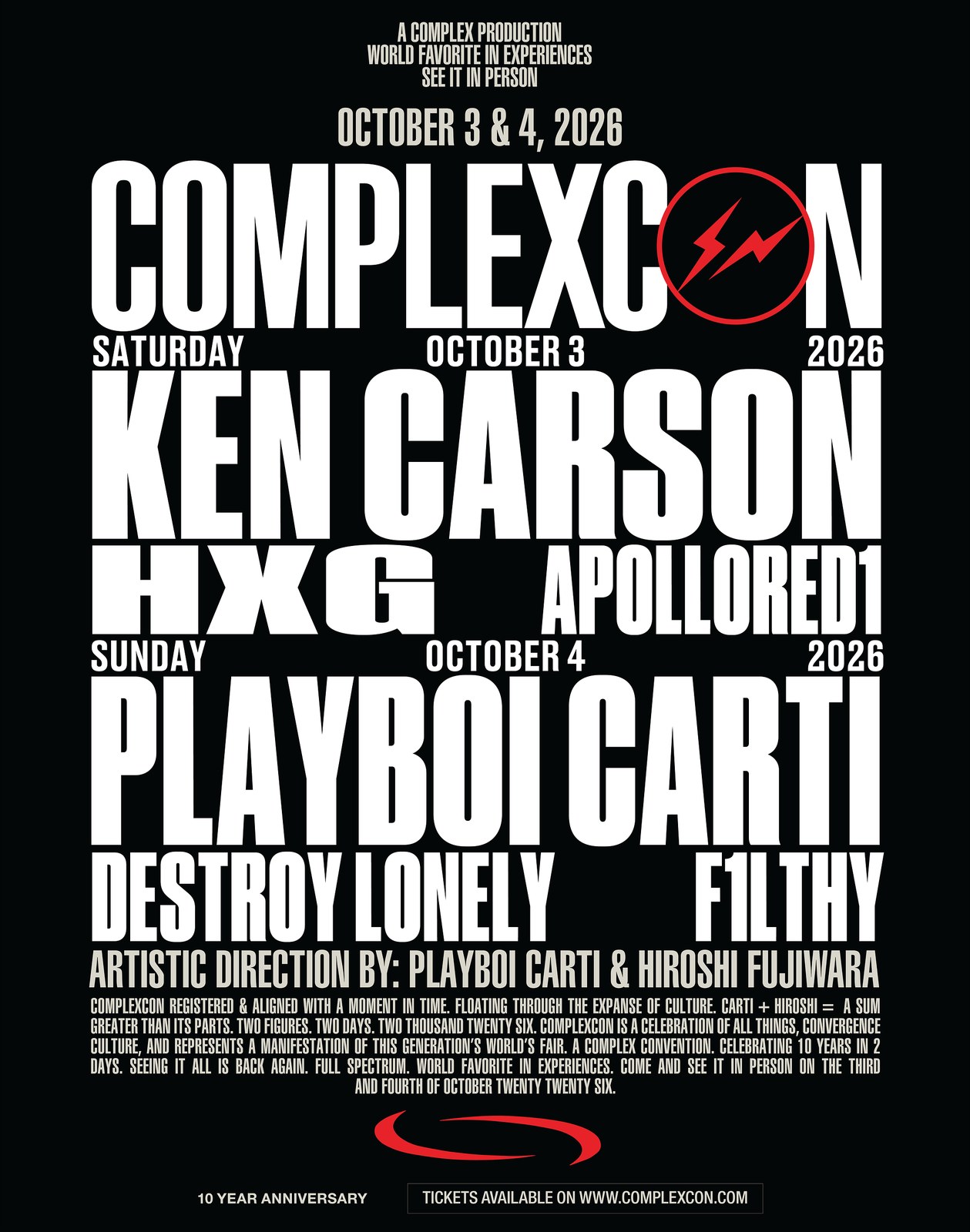 ComplexCon 2026のラインナップ。最下部に「ARTISTIC DIRECTION BY: PLAYBOI CARTI & HIROSHI FUJIWARA」と記載されている
