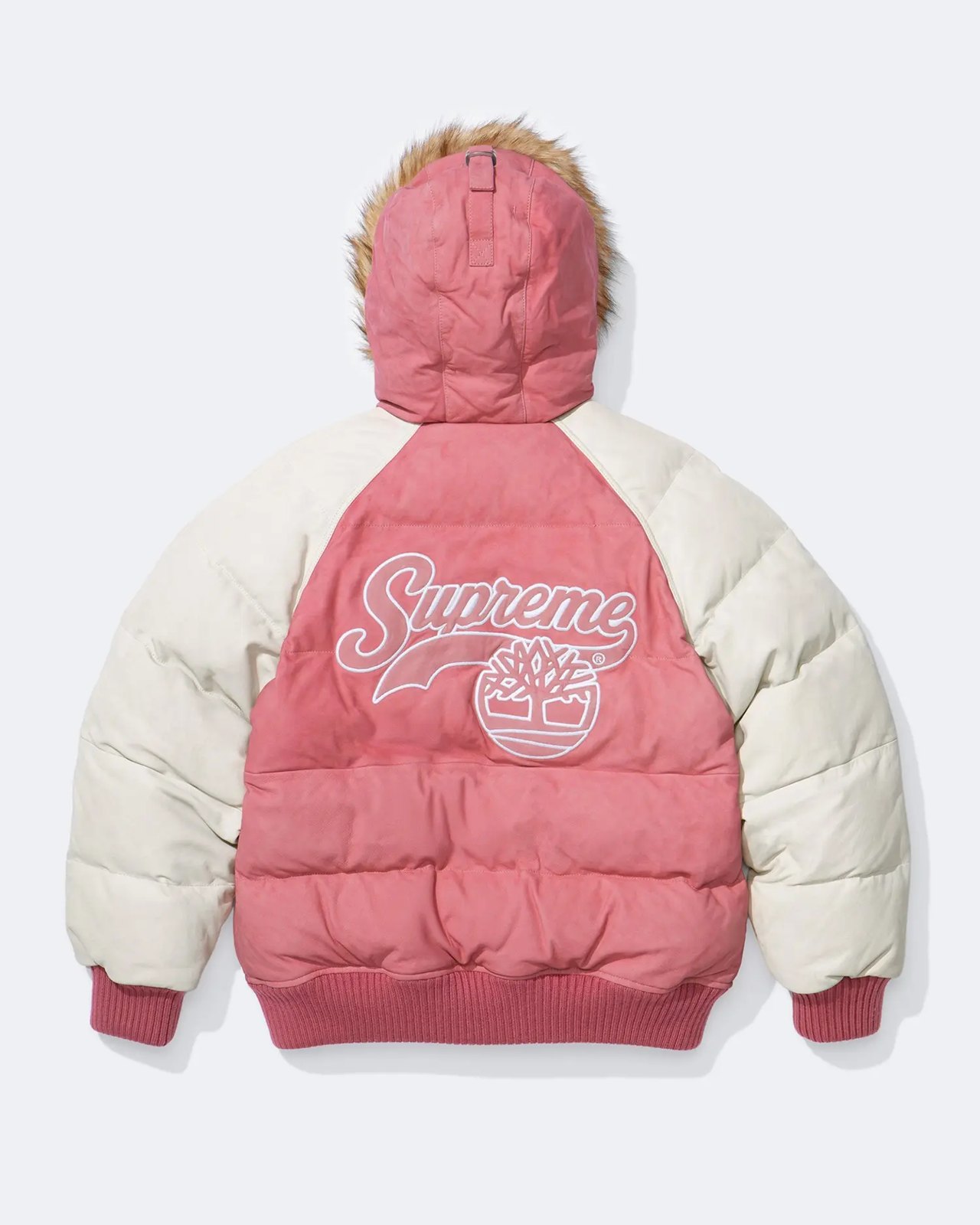 Supreme × Timberland 2026FW Suede Puffer Jacket（ピンク）背面