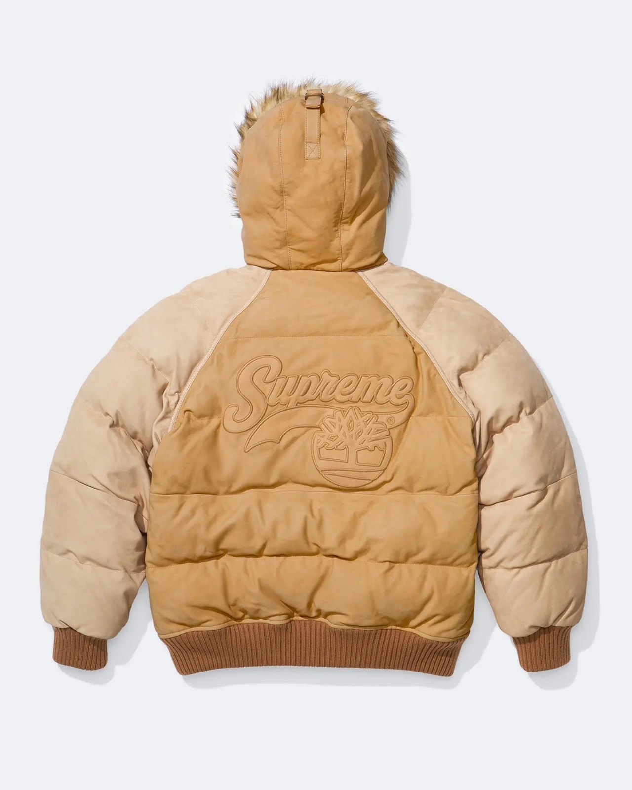Supreme × Timberland 2026FW Suede Puffer Jacket（タン）背面