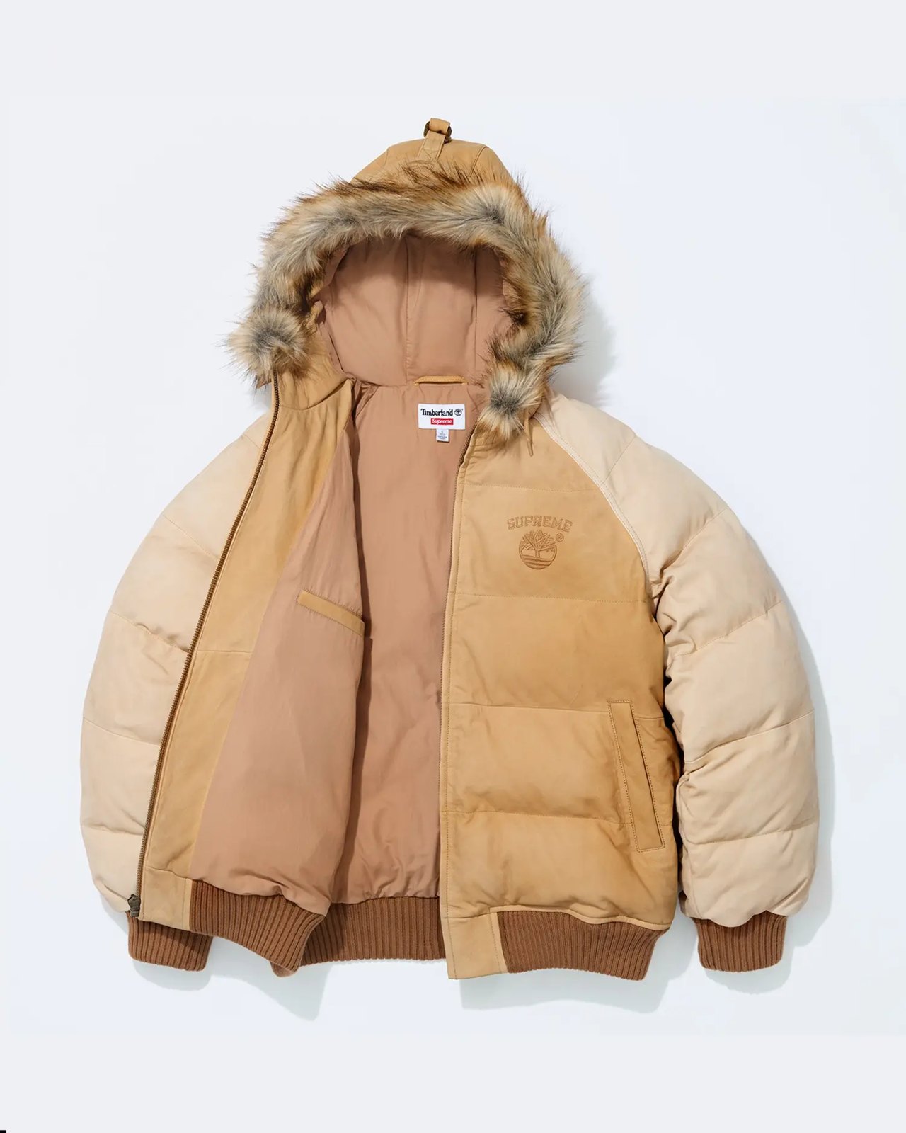 Supreme × Timberland 2026FW Suede Puffer Jacket（タン）